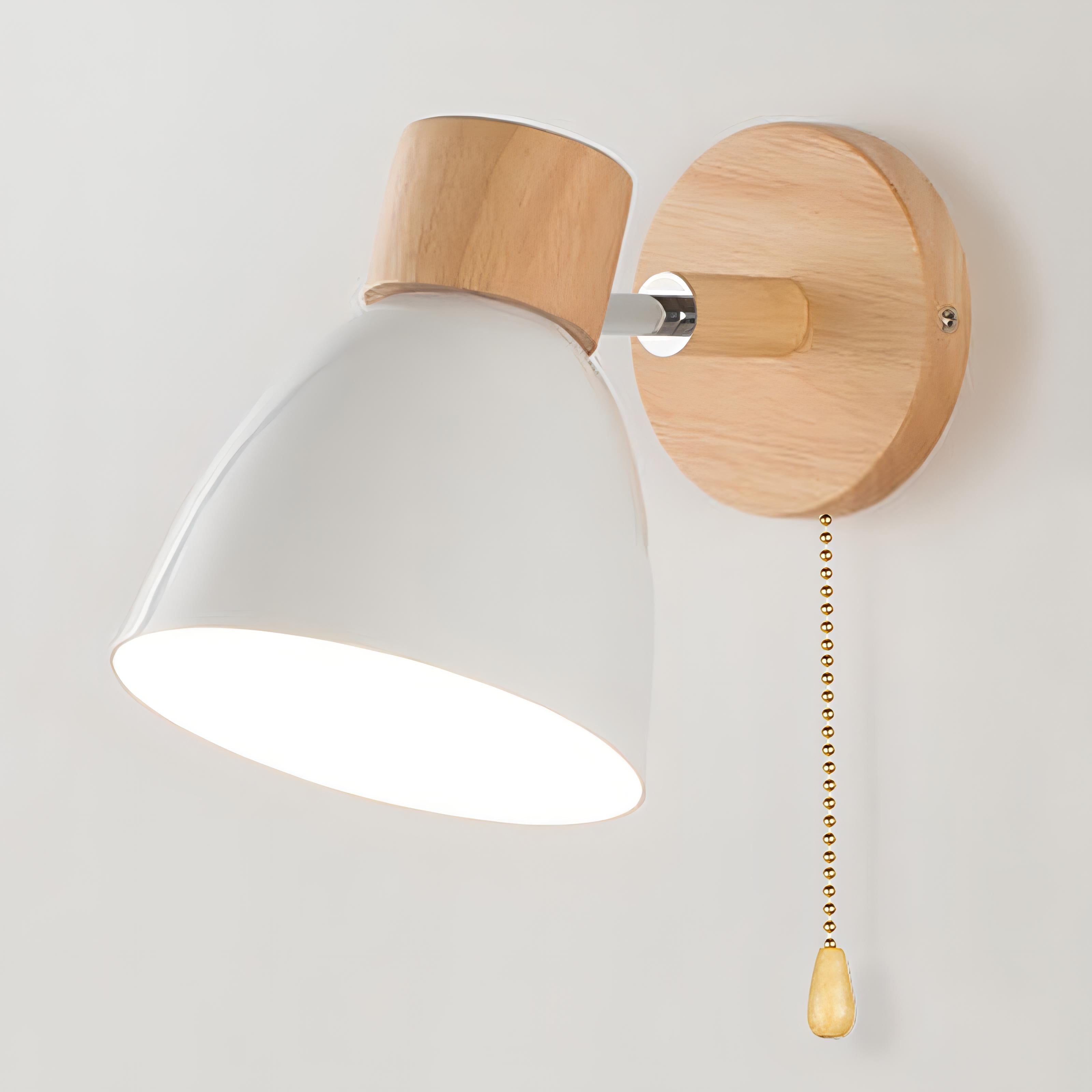 Scandinavian Wood Wall Lamp with Pull Switch | Nordic Modern E27 Wall Light | Wood & Metal Fixture | Indoor Lighting for Bedroom & Living Room