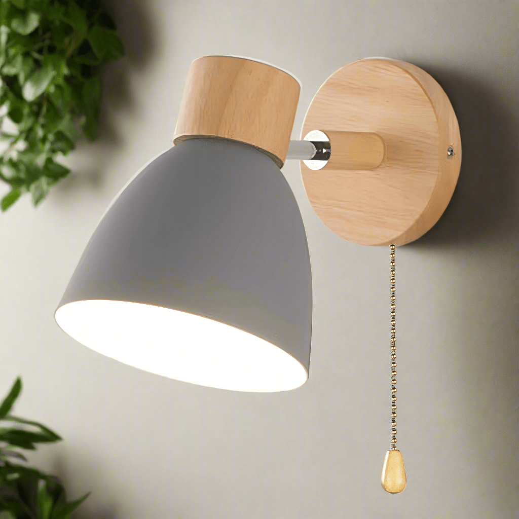 Scandinavian Wood Wall Lamp with Pull Switch | Nordic Modern E27 Wall Light | Wood & Metal Fixture | Indoor Lighting for Bedroom & Living Room