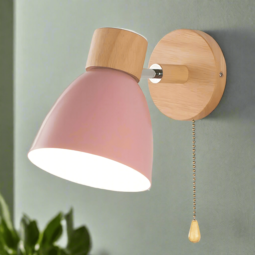 Scandinavian Wood Wall Lamp with Pull Switch | Nordic Modern E27 Wall Light | Wood & Metal Fixture | Indoor Lighting for Bedroom & Living Room