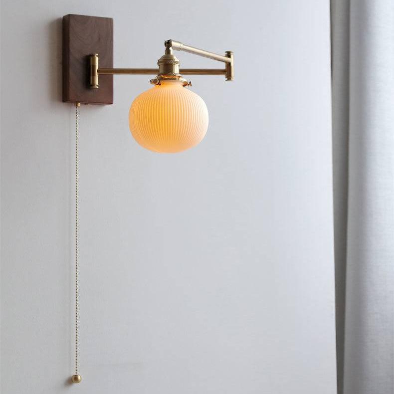 Ceramic Wall Lamp with Wooden Plate | Modern E26/E27 Sconce | Globe or Cylinder Shade | LED/Incandescent Included | Living Room Bedroom Hallway