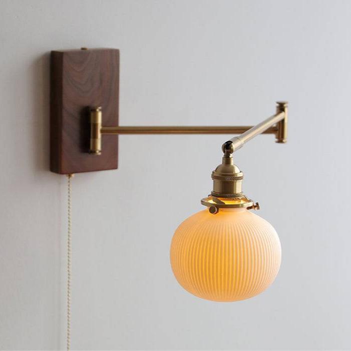 Ceramic Wall Lamp with Wooden Plate | Modern E26/E27 Sconce | Globe or Cylinder Shade | LED/Incandescent Included | Living Room Bedroom Hallway