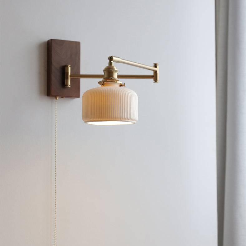 Ceramic Wall Lamp with Wooden Plate | Modern E26/E27 Sconce | Globe or Cylinder Shade | LED/Incandescent Included | Living Room Bedroom Hallway