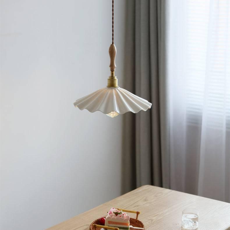 Ceramic Kitchen Island Pendant Light | Ribbed Shade Hanging Lamp | E27 Brass Fixture | Nordic Modern Ceiling Lighting