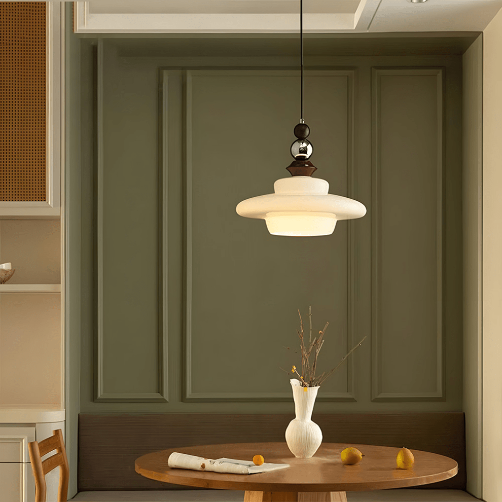 Medieval Style Glass Pendant Light Dining Room | Beige Glass Shade | Wood & Metal Fixture | E27 Ceiling Light | Warm Ambient Lighting