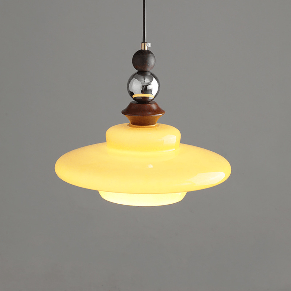 Medieval Style Glass Pendant Light Dining Room | Beige Glass Shade | Wood & Metal Fixture | E27 Ceiling Light | Warm Ambient Lighting