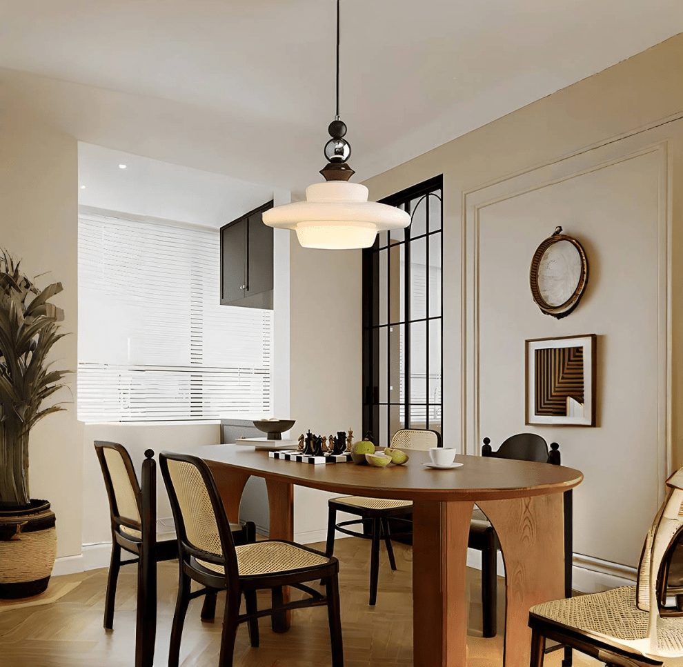 Medieval Style Glass Pendant Light Dining Room | Beige Glass Shade | Wood & Metal Fixture | E27 Ceiling Light | Warm Ambient Lighting