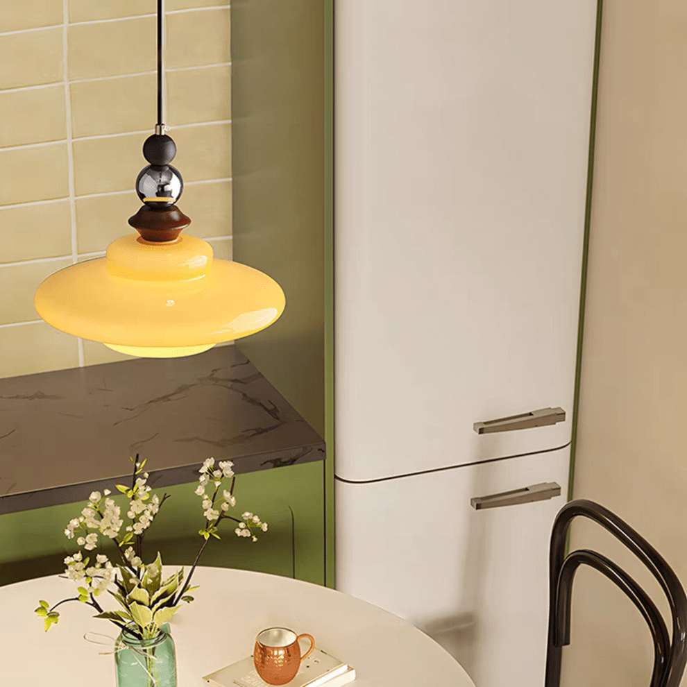 Medieval Style Glass Pendant Light Dining Room | Beige Glass Shade | Wood & Metal Fixture | E27 Ceiling Light | Warm Ambient Lighting