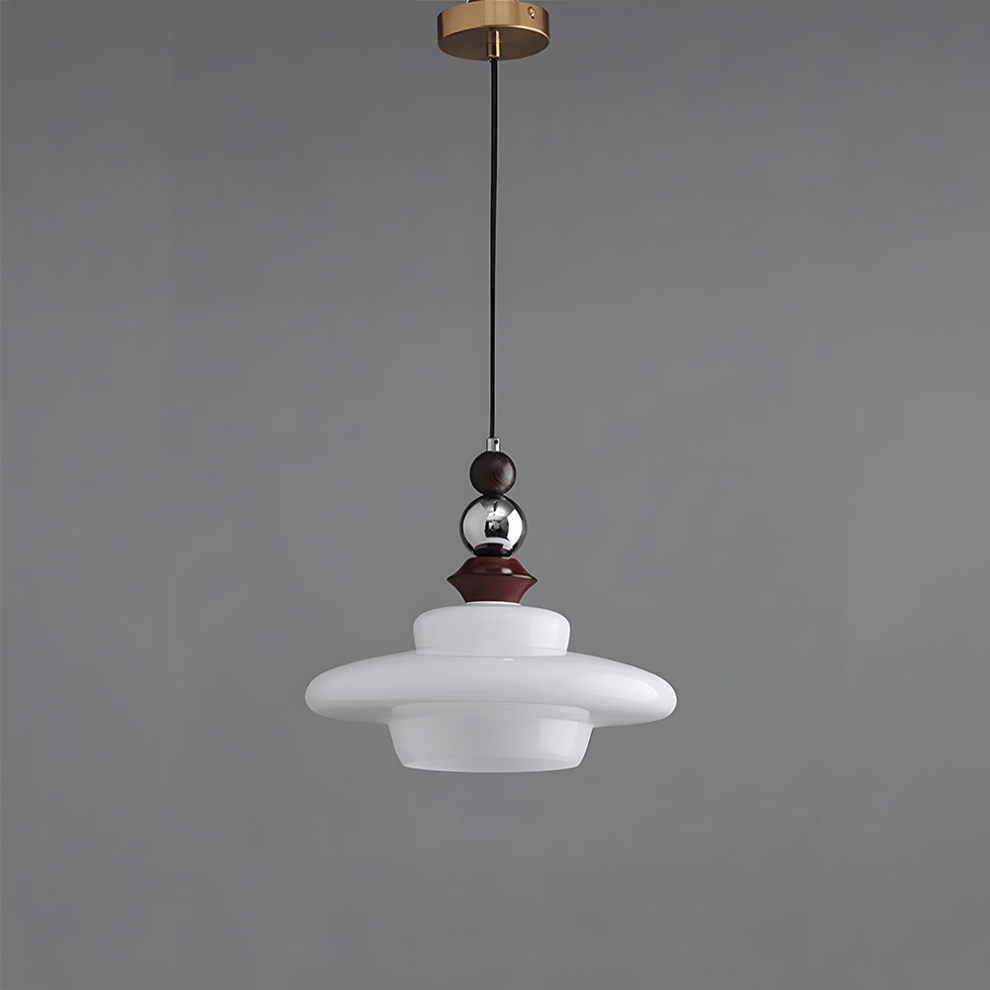 Medieval Style Glass Pendant Light Dining Room | Beige Glass Shade | Wood & Metal Fixture | E27 Ceiling Light | Warm Ambient Lighting