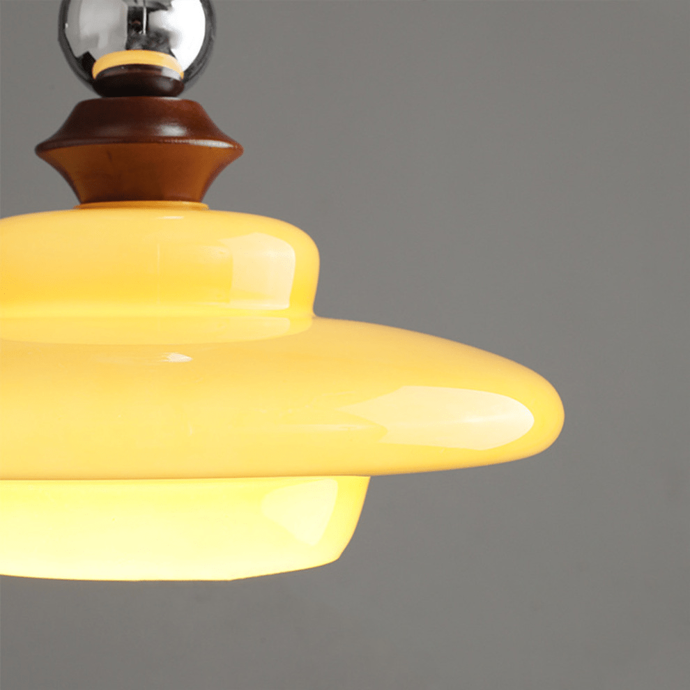 Medieval Style Glass Pendant Light Dining Room | Beige Glass Shade | Wood & Metal Fixture | E27 Ceiling Light | Warm Ambient Lighting