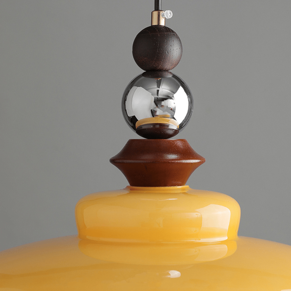 Medieval Style Glass Pendant Light Dining Room | Beige Glass Shade | Wood & Metal Fixture | E27 Ceiling Light | Warm Ambient Lighting