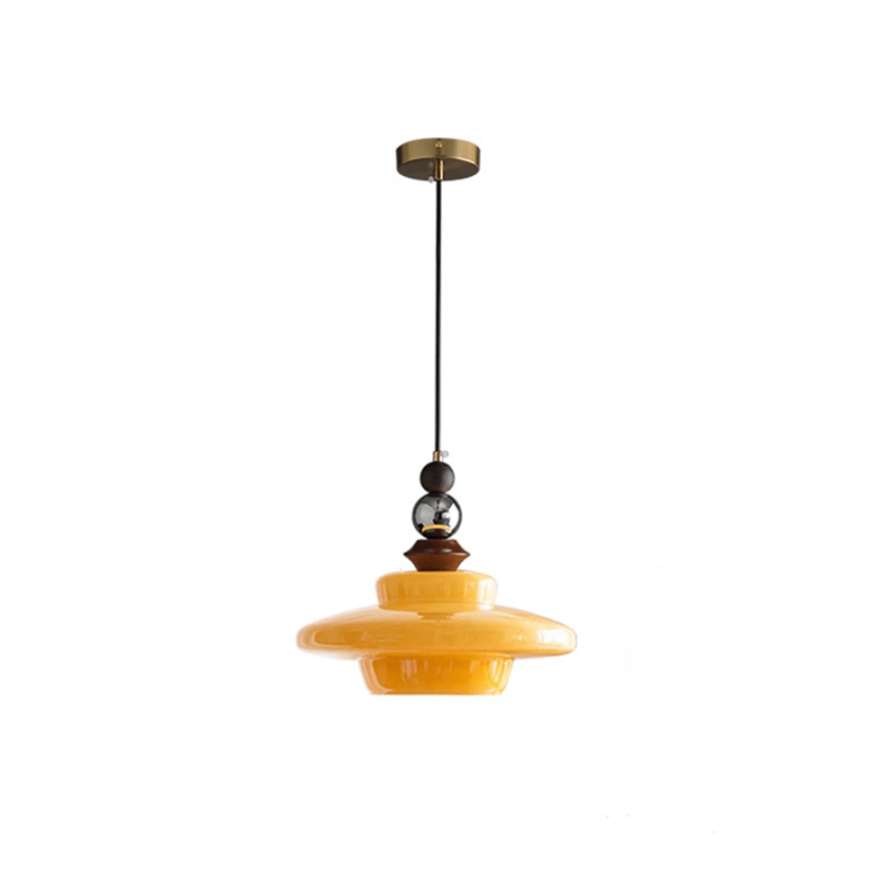 Medieval Style Glass Pendant Light Dining Room | Beige Glass Shade | Wood & Metal Fixture | E27 Ceiling Light | Warm Ambient Lighting