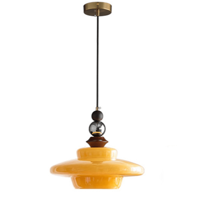 Medieval Style Glass Pendant Light Dining Room | Beige Glass Shade | Wood & Metal Fixture | E27 Ceiling Light | Warm Ambient Lighting