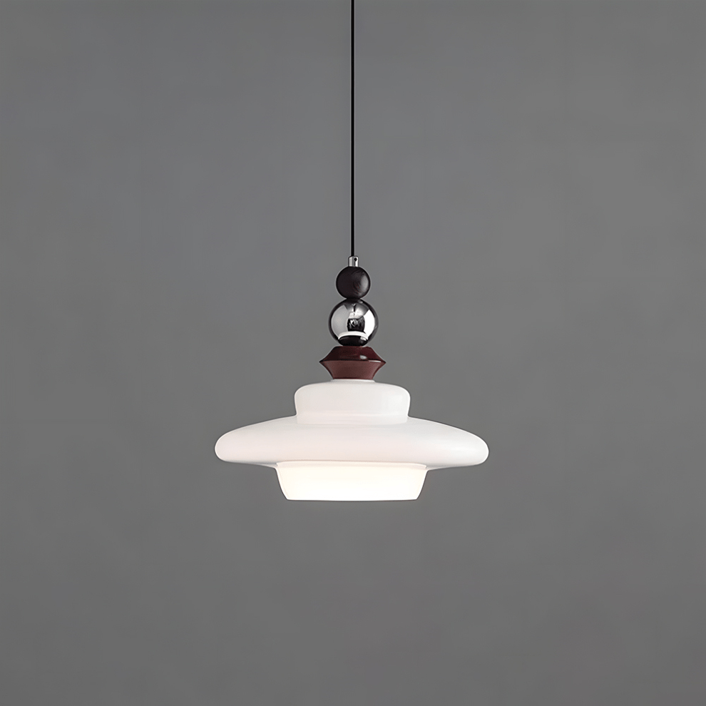 Medieval Style Glass Pendant Light Dining Room | Beige Glass Shade | Wood & Metal Fixture | E27 Ceiling Light | Warm Ambient Lighting