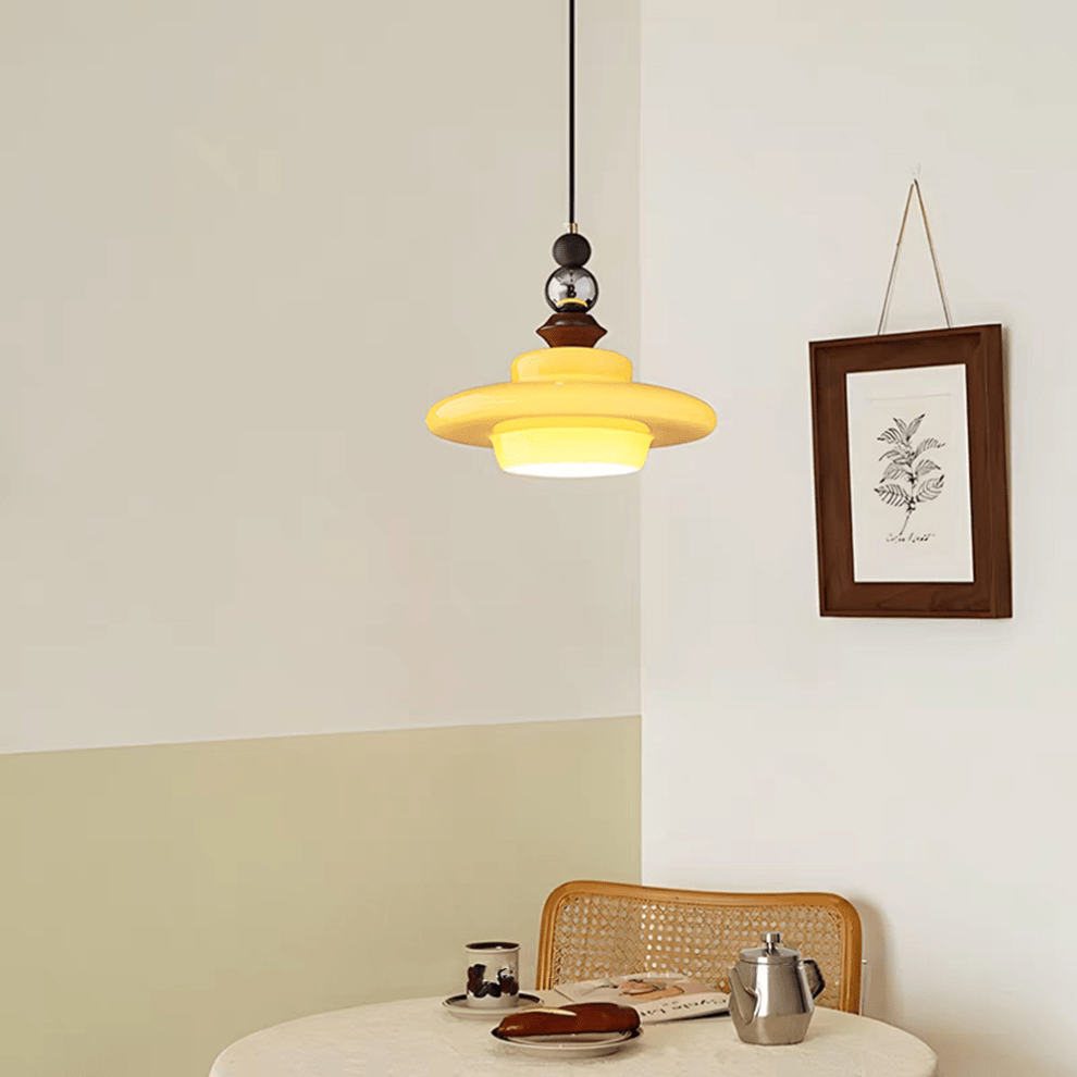 Medieval Style Glass Pendant Light Dining Room | Beige Glass Shade | Wood & Metal Fixture | E27 Ceiling Light | Warm Ambient Lighting