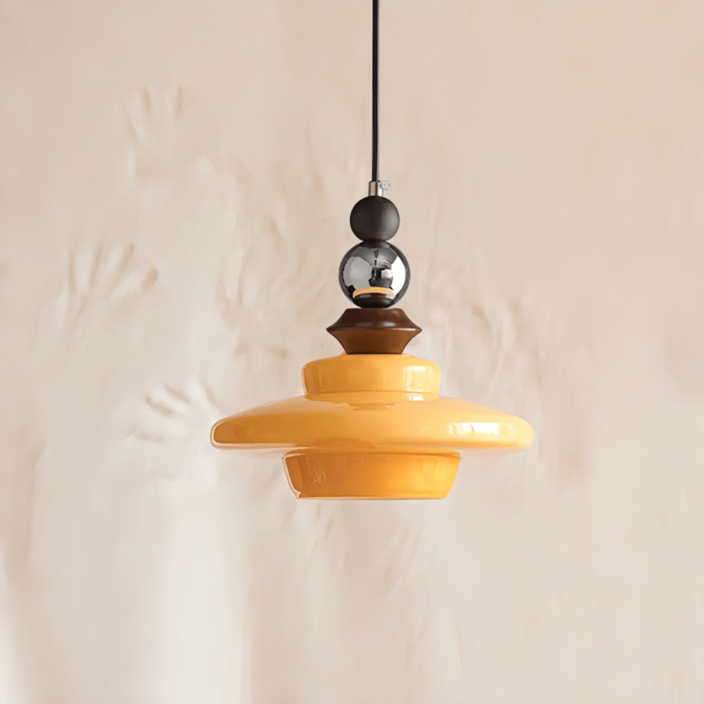 Medieval Style Glass Pendant Light Dining Room | Beige Glass Shade | Wood & Metal Fixture | E27 Ceiling Light | Warm Ambient Lighting