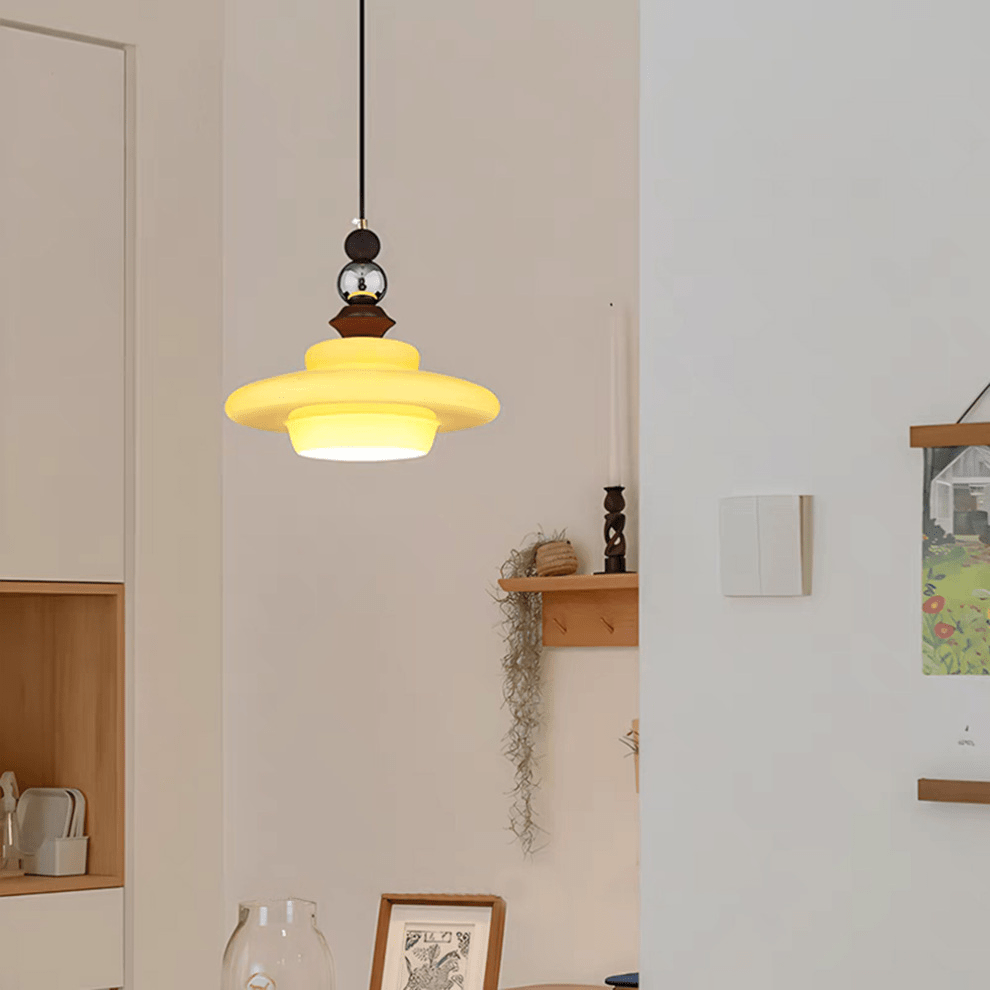 Medieval Style Glass Pendant Light Dining Room | Beige Glass Shade | Wood & Metal Fixture | E27 Ceiling Light | Warm Ambient Lighting