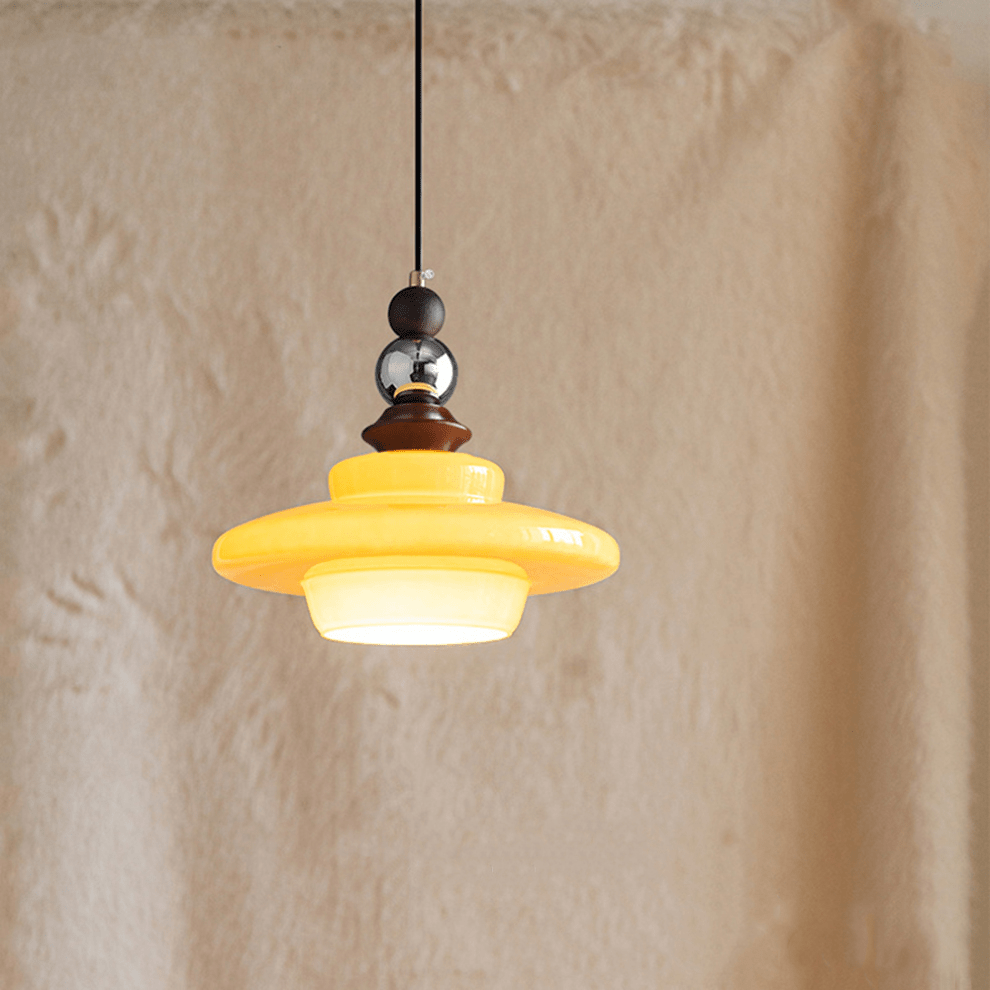 Medieval Style Glass Pendant Light Dining Room | Beige Glass Shade | Wood & Metal Fixture | E27 Ceiling Light | Warm Ambient Lighting