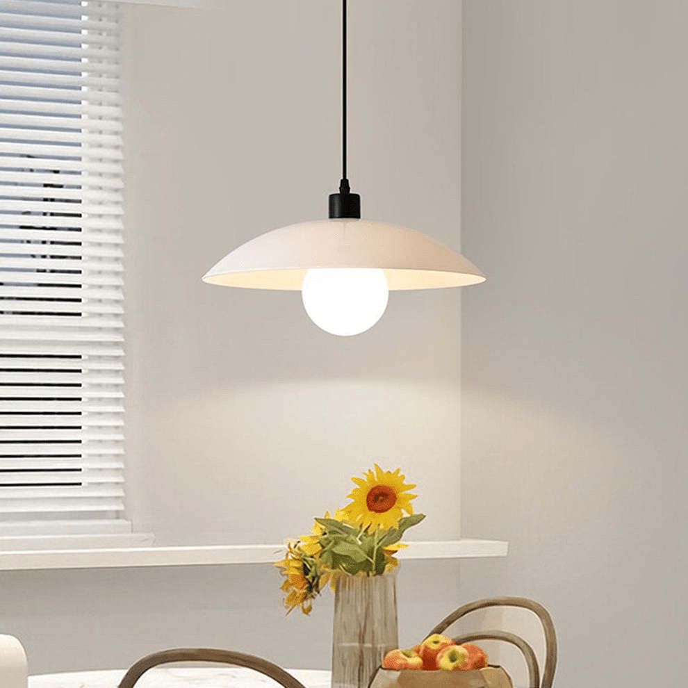Minimalist White Disc Glass Pendant Lamp | Modern Ceiling Light | Iron Frame | E27 Socket | Linear & Round Sizes