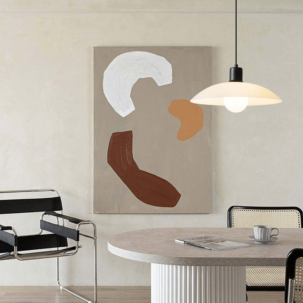 Minimalist White Disc Glass Pendant Lamp | Modern Ceiling Light | Iron Frame | E27 Socket | Linear & Round Sizes