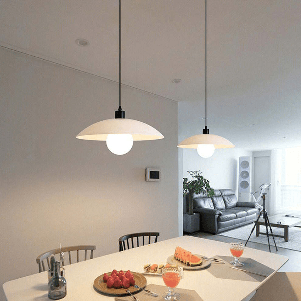 Minimalist White Disc Glass Pendant Lamp | Modern Ceiling Light | Iron Frame | E27 Socket | Linear & Round Sizes