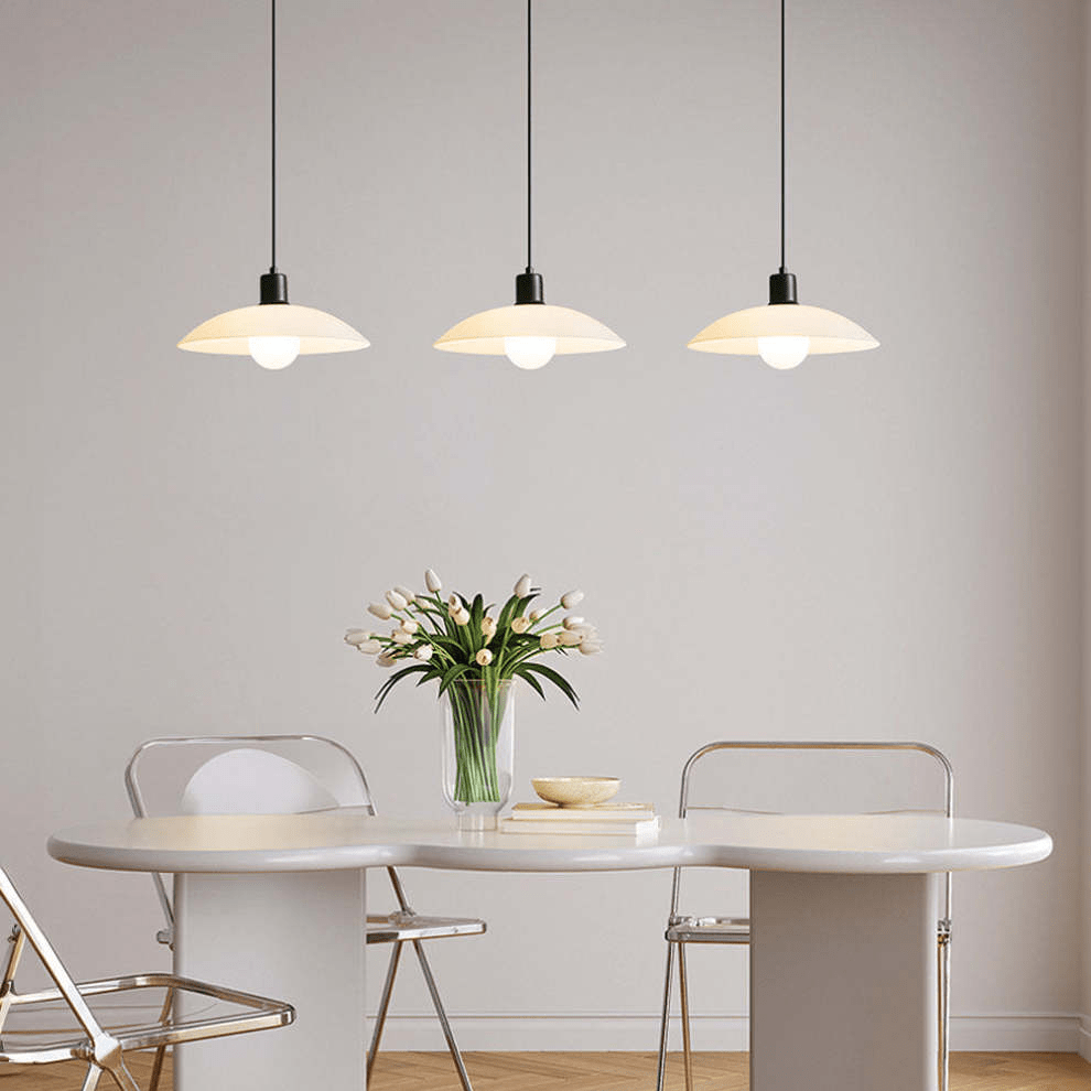 Minimalist White Disc Glass Pendant Lamp | Modern Ceiling Light | Iron Frame | E27 Socket | Linear & Round Sizes