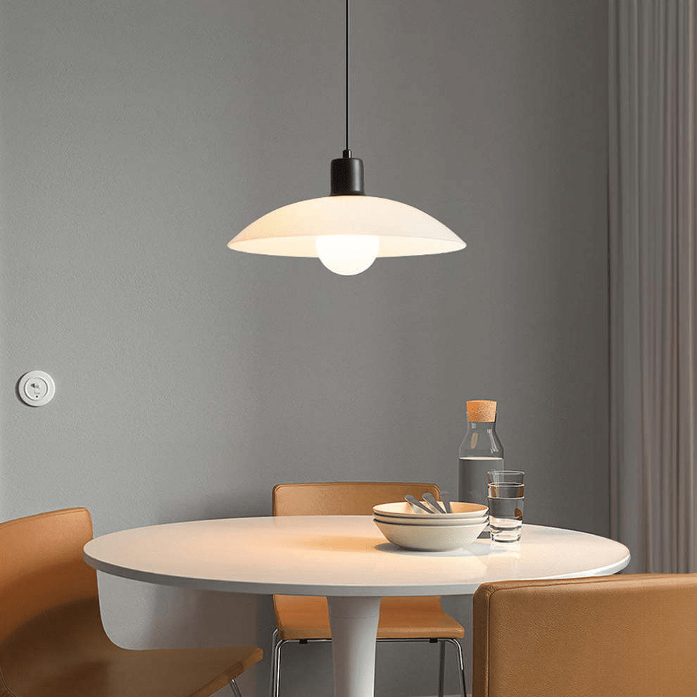 Minimalist White Disc Glass Pendant Lamp | Modern Ceiling Light | Iron Frame | E27 Socket | Linear & Round Sizes
