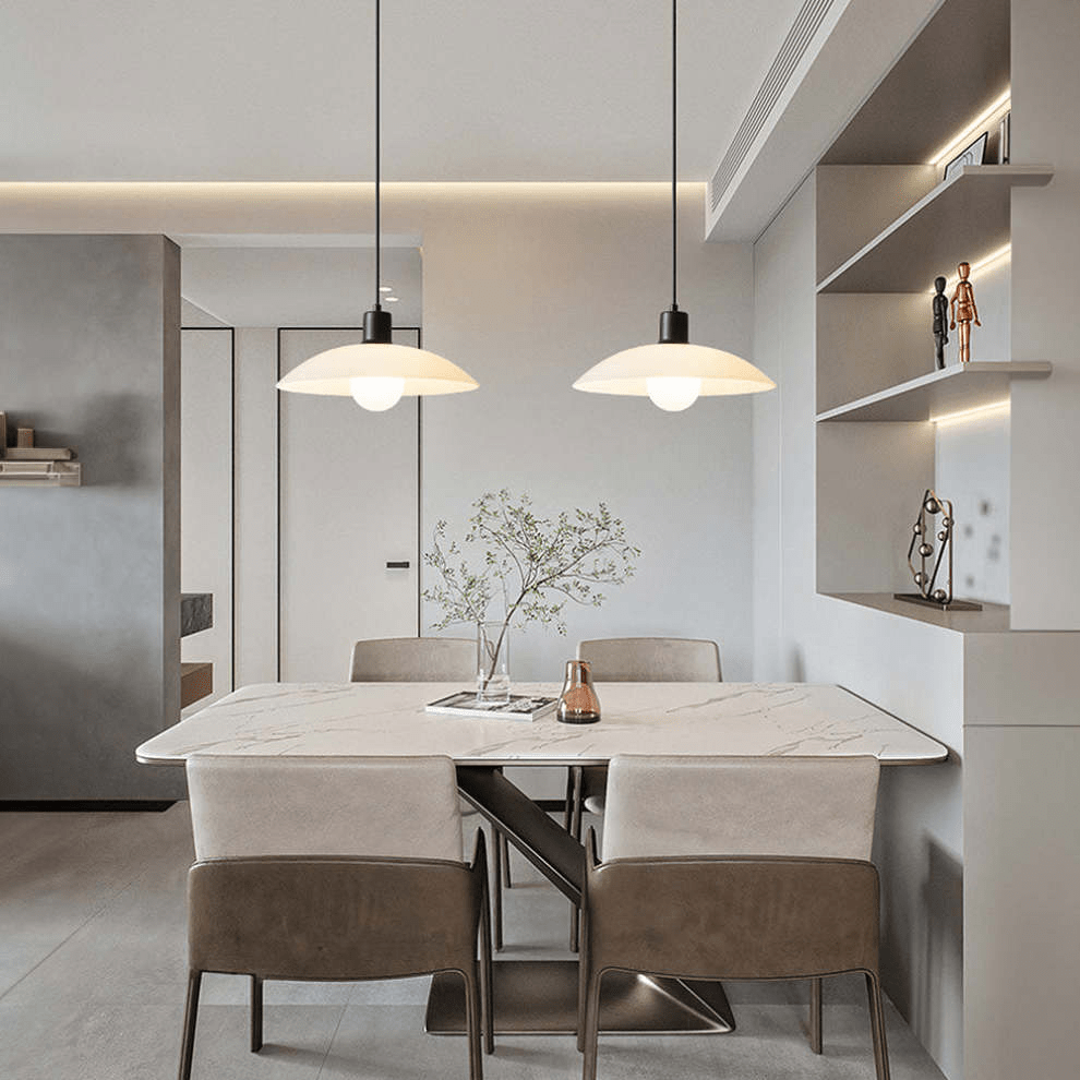 Minimalist White Disc Glass Pendant Lamp | Modern Ceiling Light | Iron Frame | E27 Socket | Linear & Round Sizes
