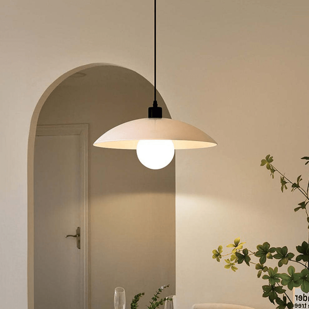 Minimalist White Disc Glass Pendant Lamp | Modern Ceiling Light | Iron Frame | E27 Socket | Linear & Round Sizes