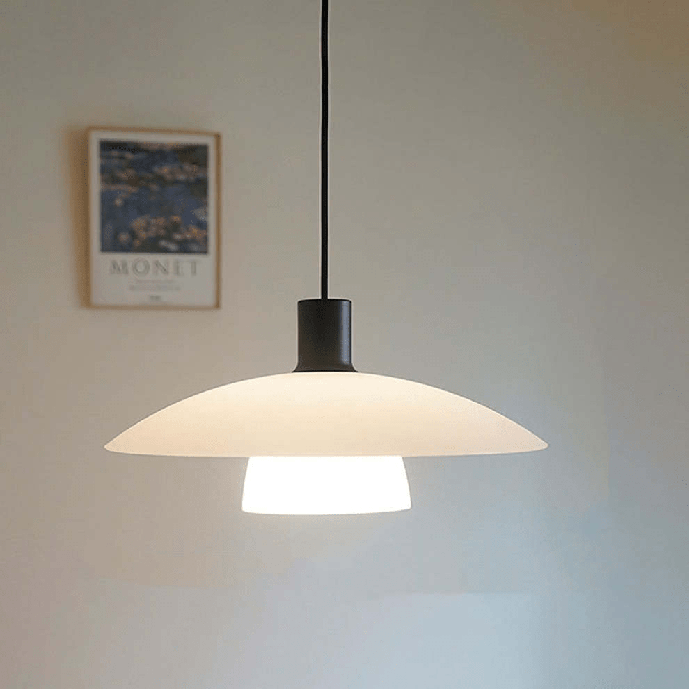 Minimalist White Disc Glass Pendant Lamp | Modern Ceiling Light | Iron Frame | E27 Socket | Linear & Round Sizes