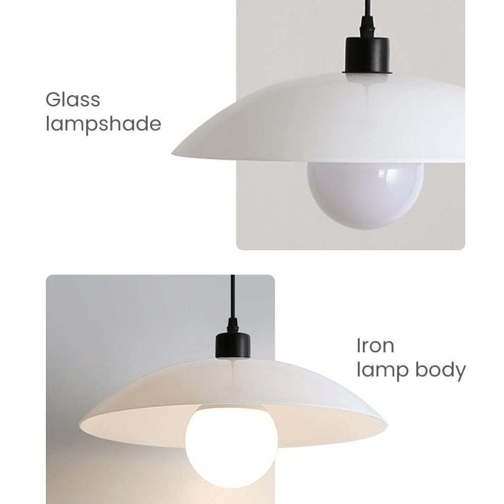 Minimalist White Disc Glass Pendant Lamp | Modern Ceiling Light | Iron Frame | E27 Socket | Linear & Round Sizes