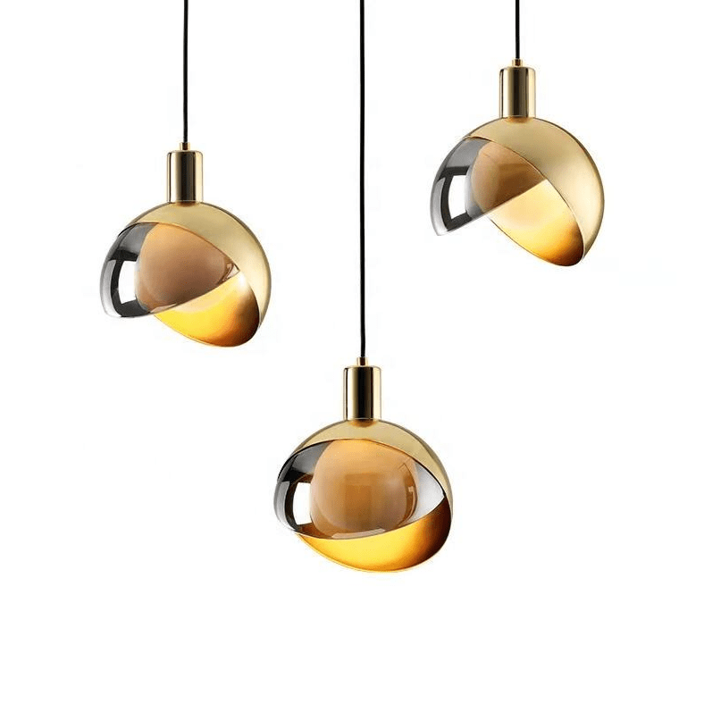 Modern Gold Glass Pendant Light Scandinavian Design | Smoke Gray Glass | E27 Hanging Ceiling Lamp | Metal Frame | 20cm
