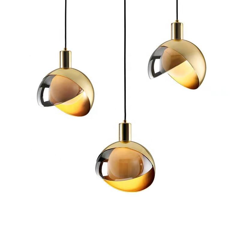 Modern Gold Glass Pendant Light Scandinavian Design | Smoke Gray Glass | E27 Hanging Ceiling Lamp | Metal Frame | 20cm