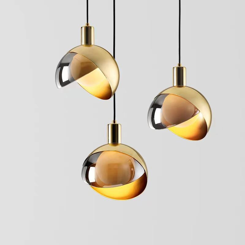 Modern Gold Glass Pendant Light Scandinavian Design | Smoke Gray Glass | E27 Hanging Ceiling Lamp | Metal Frame | 20cm