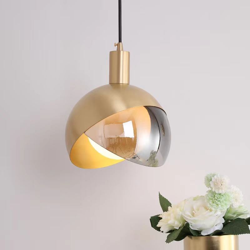 Modern Gold Glass Pendant Light Scandinavian Design | Smoke Gray Glass | E27 Hanging Ceiling Lamp | Metal Frame | 20cm