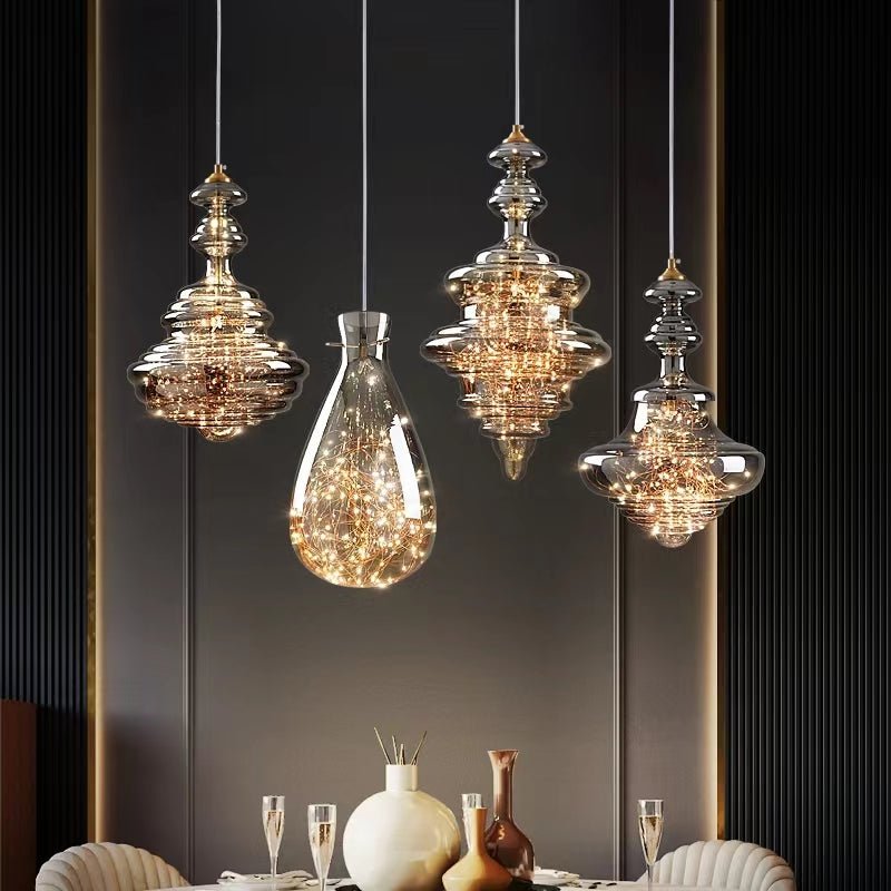 Modern Gray Glass Starry Sky Pendant Lamp for Dining & Kitchen | LED 3-Color Light | Brass & Glass Design | Adjustable Hanging Fixture