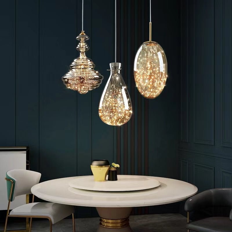 Modern Gray Glass Starry Sky Pendant Lamp for Dining & Kitchen | LED 3-Color Light | Brass & Glass Design | Adjustable Hanging Fixture