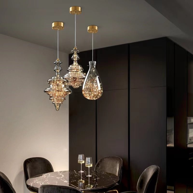 Modern Gray Glass Starry Sky Pendant Lamp for Dining & Kitchen | LED 3-Color Light | Brass & Glass Design | Adjustable Hanging Fixture