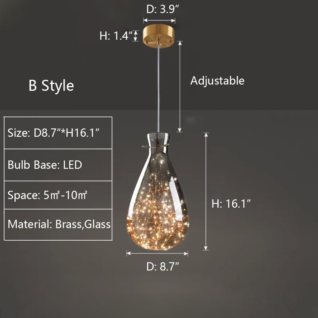 Modern Gray Glass Starry Sky Pendant Lamp for Dining & Kitchen | LED 3-Color Light | Brass & Glass Design | Adjustable Hanging Fixture