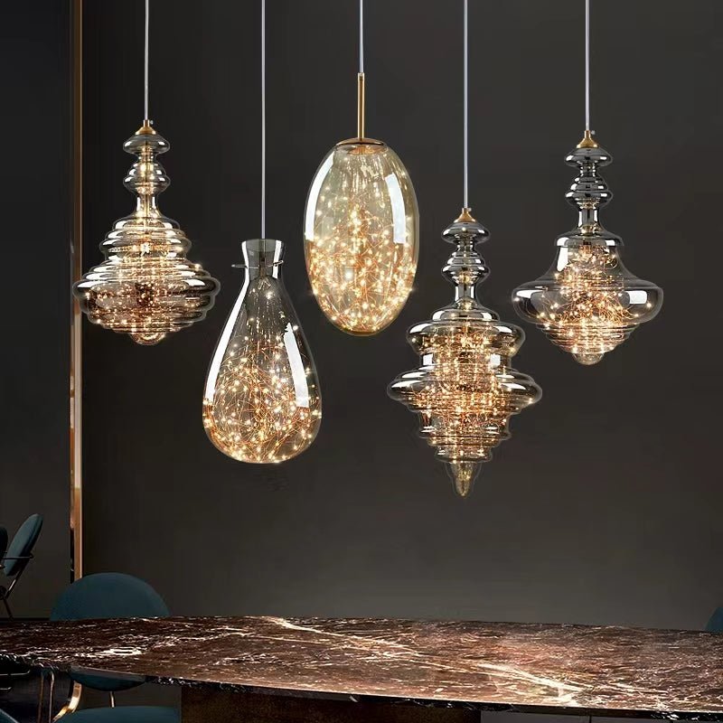 Modern Gray Glass Starry Sky Pendant Lamp for Dining & Kitchen | LED 3-Color Light | Brass & Glass Design | Adjustable Hanging Fixture
