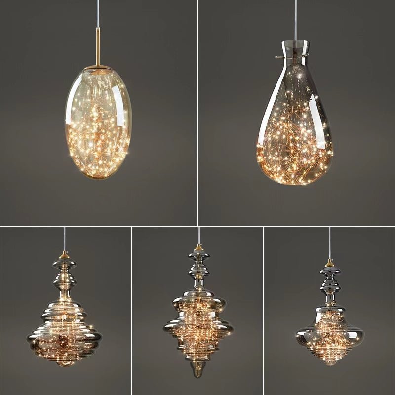 Modern Gray Glass Starry Sky Pendant Lamp for Dining & Kitchen | LED 3-Color Light | Brass & Glass Design | Adjustable Hanging Fixture
