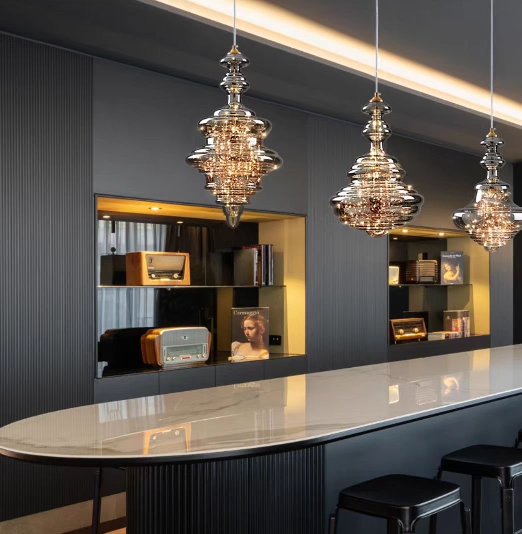 Modern Gray Glass Starry Sky Pendant Lamp for Dining & Kitchen | LED 3-Color Light | Brass & Glass Design | Adjustable Hanging Fixture