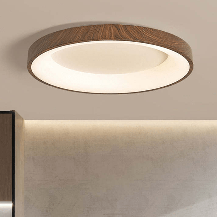 Natural Wooden LED Ceiling Lamp Circular Modern Ceiling Light | Iron Acrylic Design | Flush Mount Bedroom Lighting | Multiple Sizes