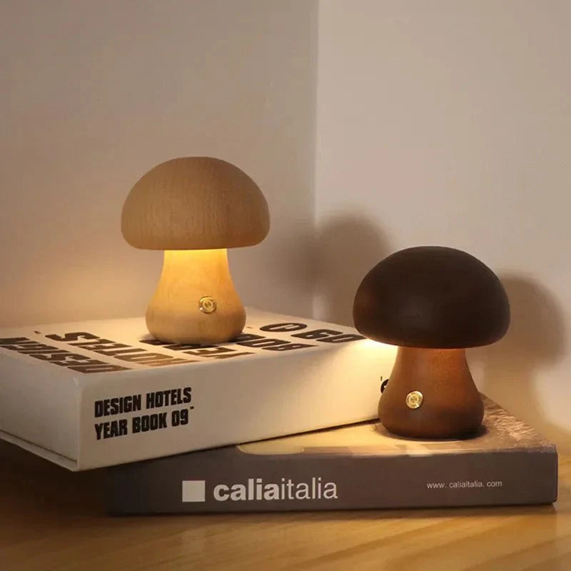 Rechargeable Wooden Mushroom Table Lamp