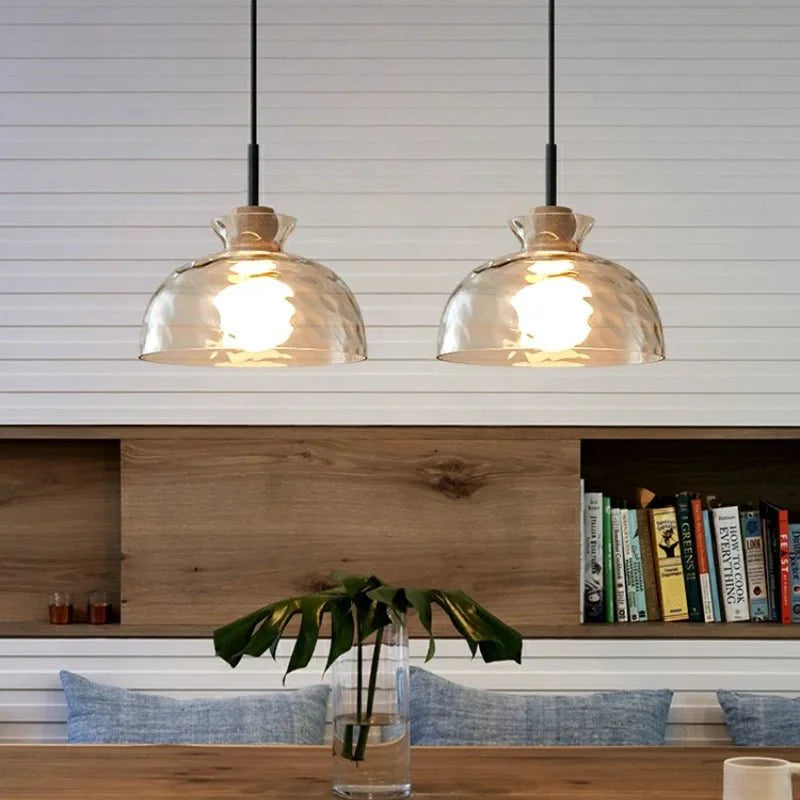 Ripple Glass Pendant Lamp Japanese Minimalist | E27 Dimmable LED | Textured Glass Hanging Light | Modern Wood Accent Lighting