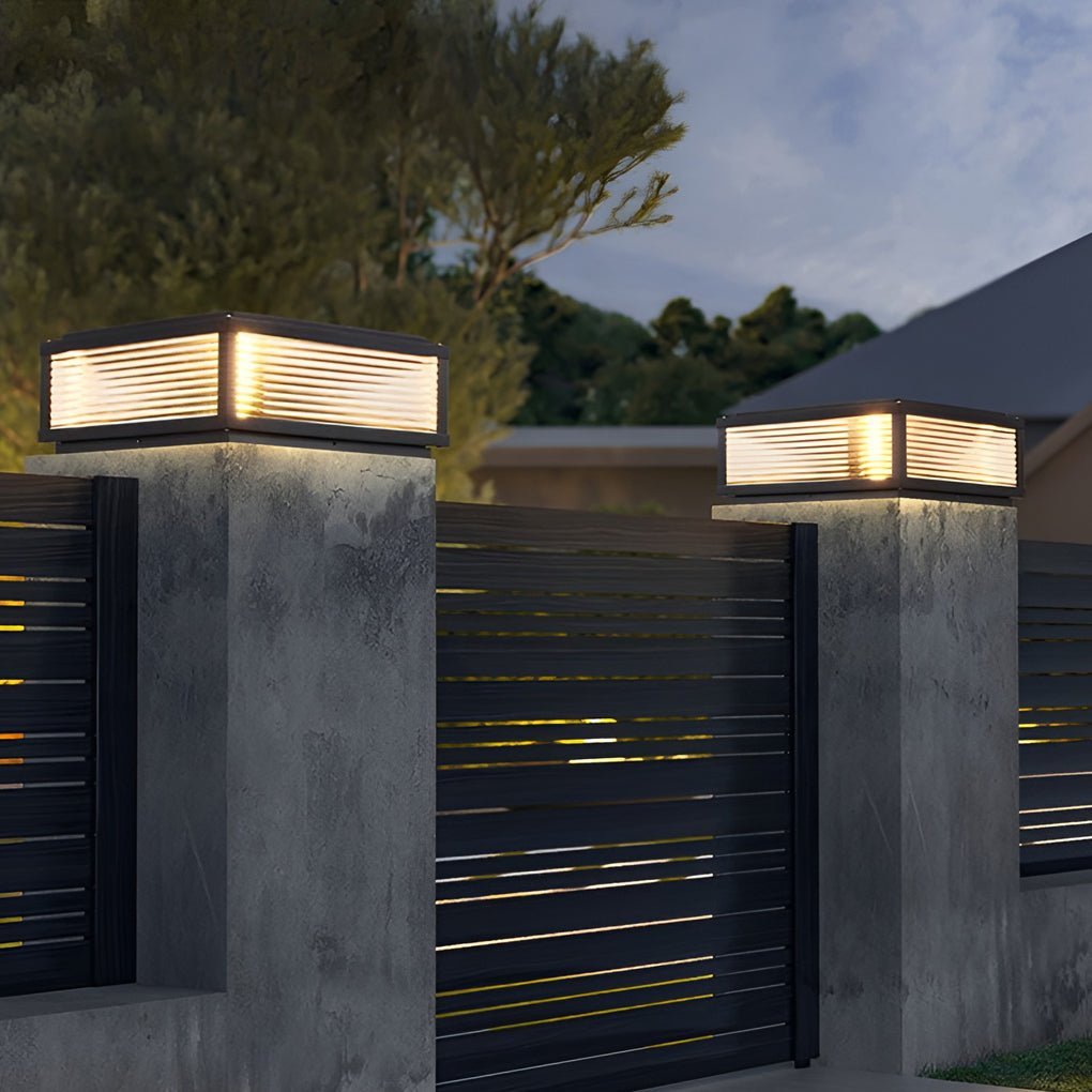 Square Ribbed Glass Outdoor Post Light LED Garden Lamp | Black Aluminum | Hardwired or Solar | E27 & Integrated LED | Pathway Lighting