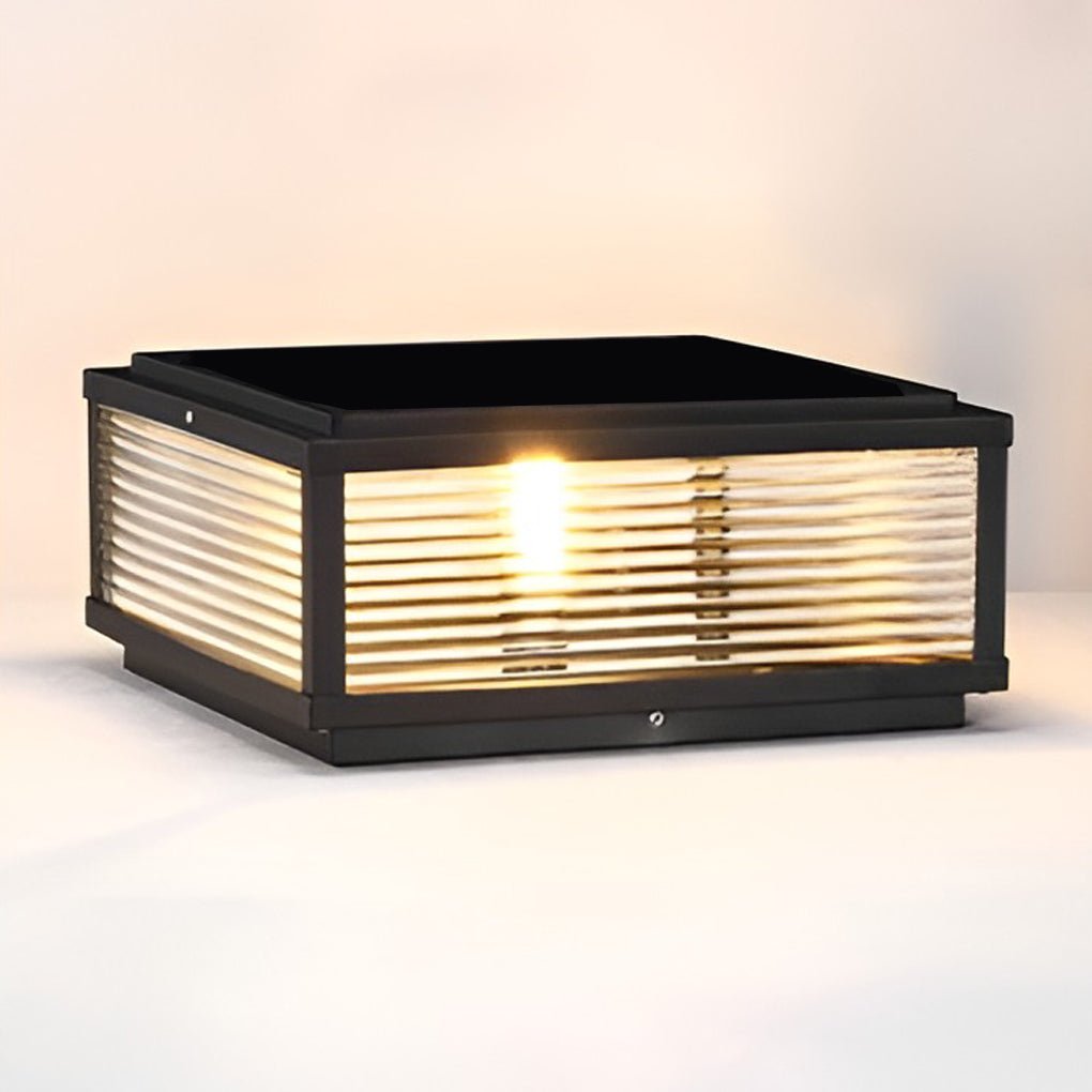 Square Ribbed Glass Outdoor Post Light LED Garden Lamp | Black Aluminum | Hardwired or Solar | E27 & Integrated LED | Pathway Lighting
