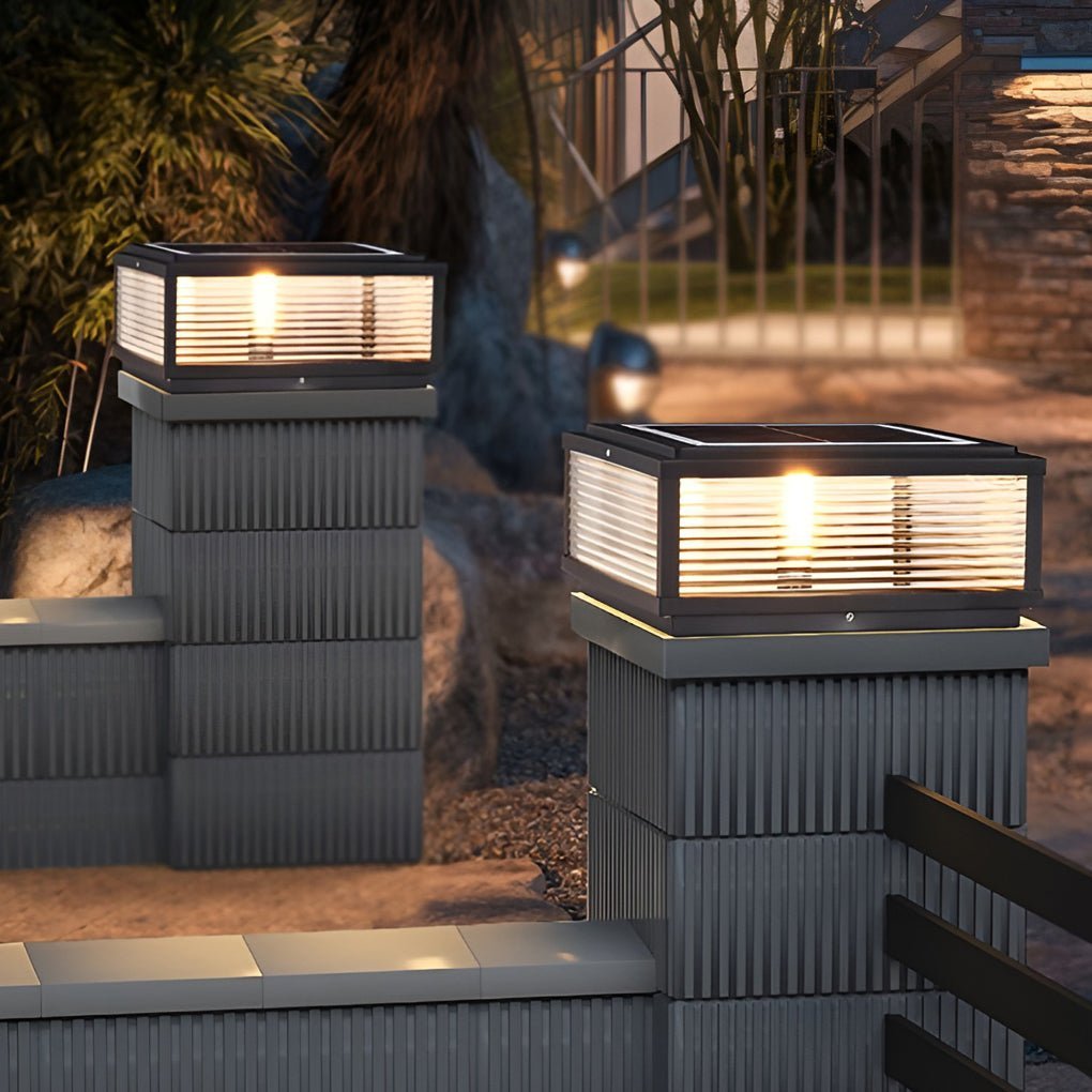 Square Ribbed Glass Outdoor Post Light LED Garden Lamp | Black Aluminum | Hardwired or Solar | E27 & Integrated LED | Pathway Lighting