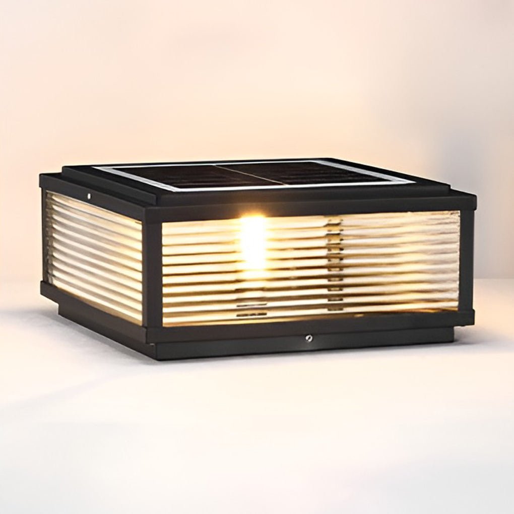 Square Ribbed Glass Outdoor Post Light LED Garden Lamp | Black Aluminum | Hardwired or Solar | E27 & Integrated LED | Pathway Lighting