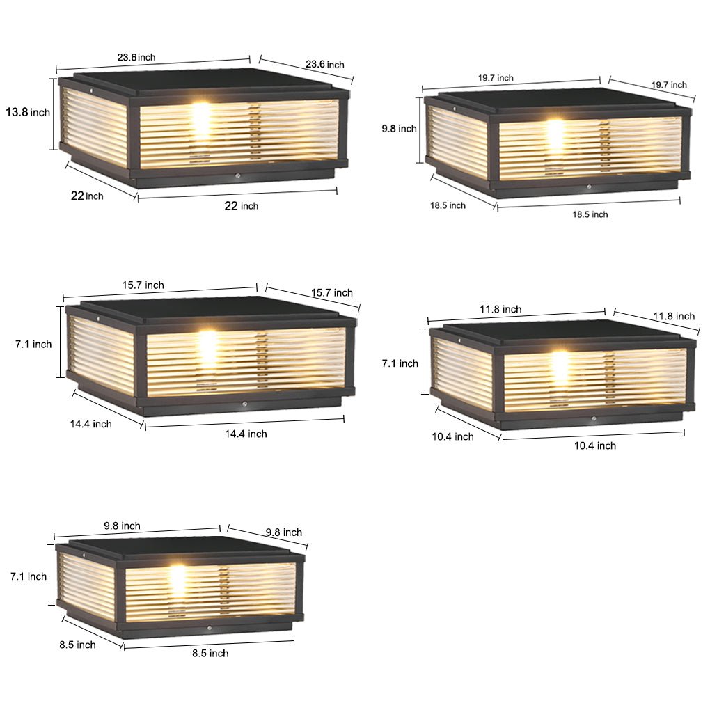 Square Ribbed Glass Outdoor Post Light LED Garden Lamp | Black Aluminum | Hardwired or Solar | E27 & Integrated LED | Pathway Lighting