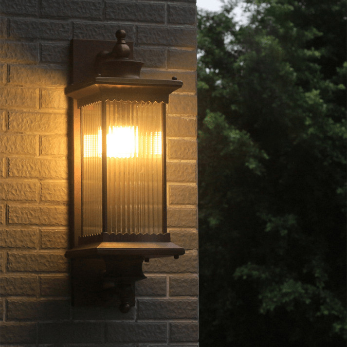 Retro Rectangular Outdoor Wall Lamp Vintage Lantern Sconce | E27 Aluminum Glass Coffee Finish | Porch Garden Wall Lighting